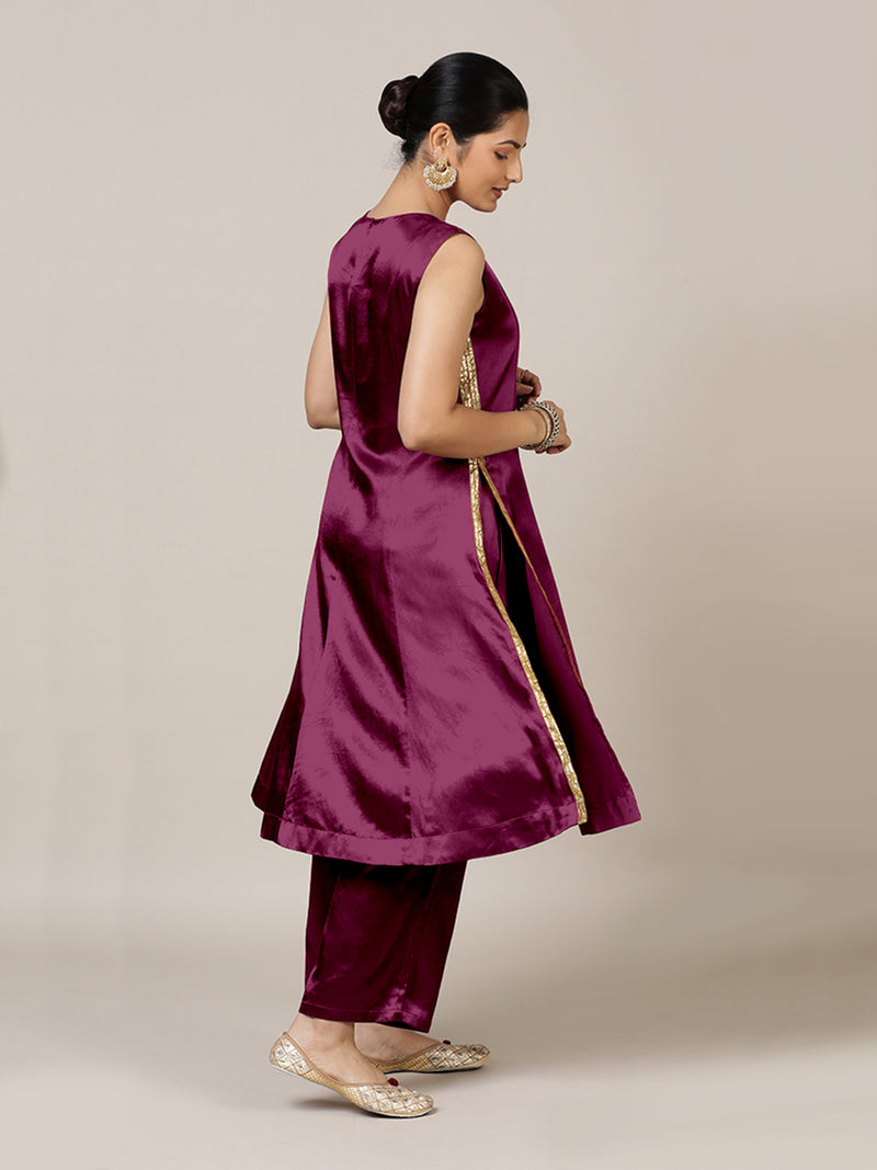 Gulnaaz x Tyohaar | Mulberry Red Mashru Silk Panelled Kurta with Crushed Golden Gota Detailing | Coords or Only Kurta-Binks