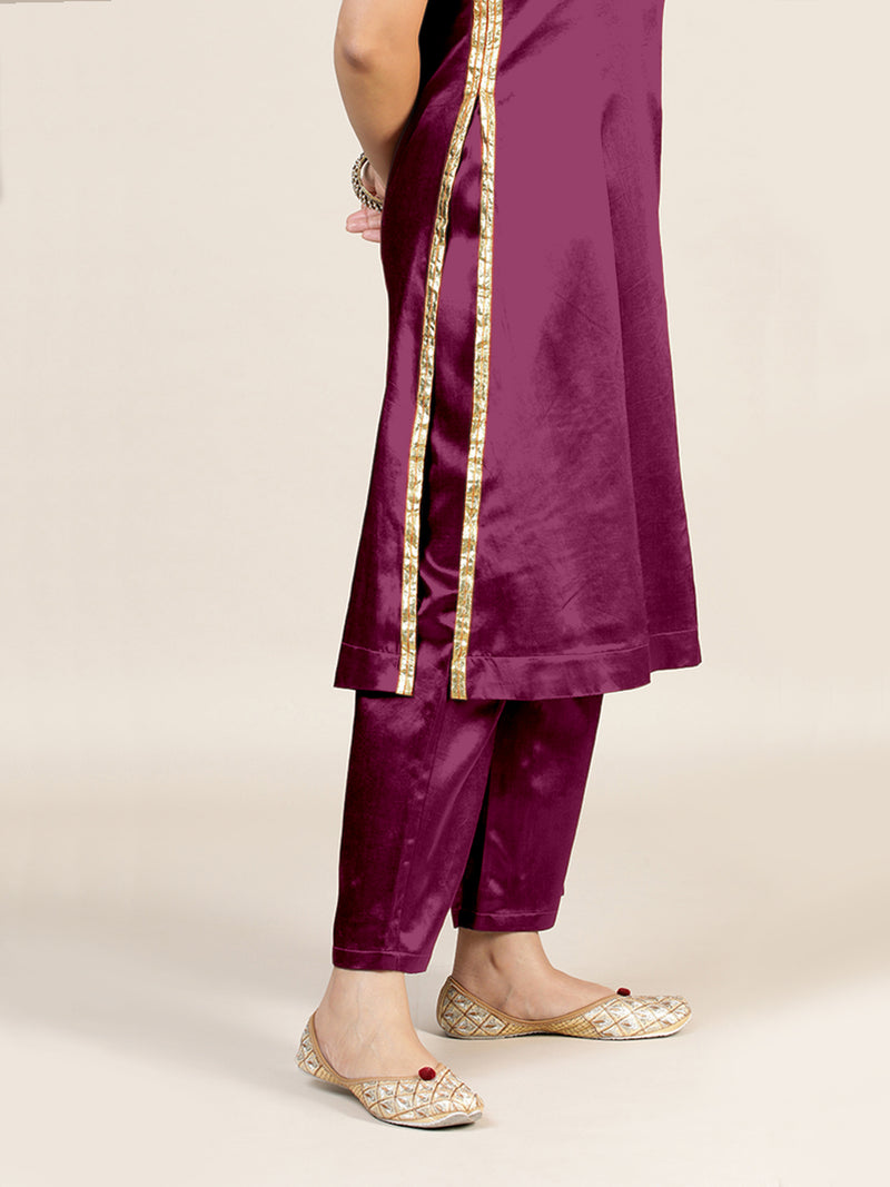 Gulnaaz x Tyohaar | Mulberry Red Mashru Silk Panelled Kurta with Crushed Golden Gota Detailing | Coords or Only Kurta-Binks