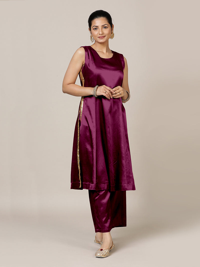 Gulnaaz x Tyohaar | Mulberry Red Mashru Silk Panelled Kurta with Crushed Golden Gota Detailing | Coords or Only Kurta-Binks