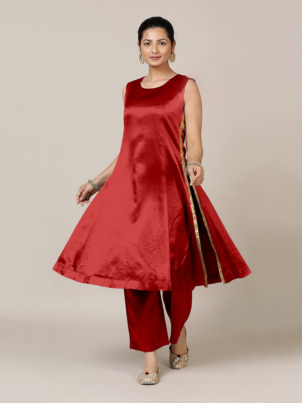 Gulnaaz x Tyohaar | Ruby Red Mashru Silk Panelled Kurta with Crushed Golden Gota Detailing | Coords or Only Kurta