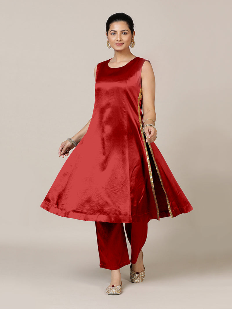 Gulnaaz x Tyohaar | Ruby Red Mashru Silk Panelled Kurta with Crushed Golden Gota Detailing | Coords or Only Kurta-Binks