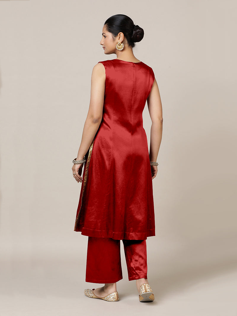 Gulnaaz x Tyohaar | Ruby Red Mashru Silk Panelled Kurta with Crushed Golden Gota Detailing | Coords or Only Kurta-Binks