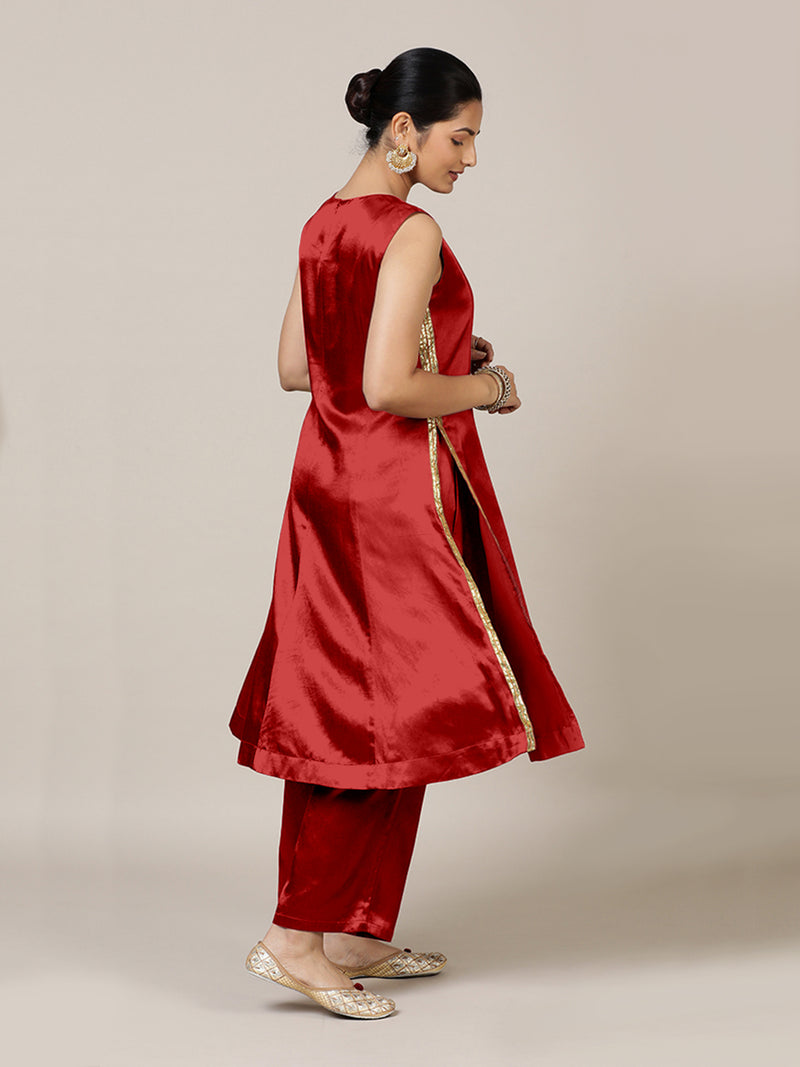 Gulnaaz x Tyohaar | Ruby Red Mashru Silk Panelled Kurta with Crushed Golden Gota Detailing | Coords or Only Kurta-Binks