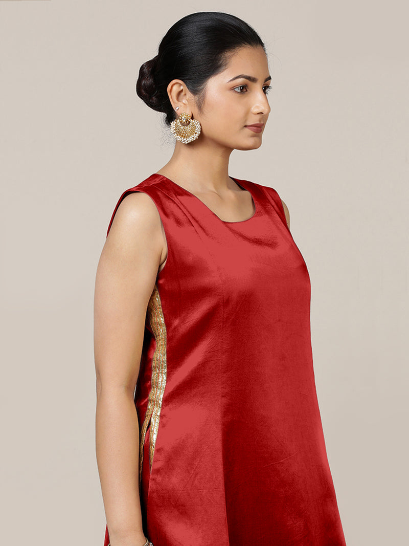 Gulnaaz x Tyohaar | Ruby Red Mashru Silk Panelled Kurta with Crushed Golden Gota Detailing | Coords or Only Kurta-Binks