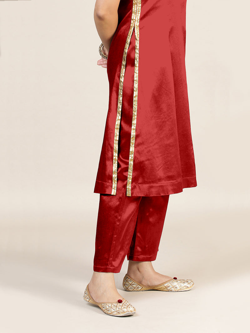Gulnaaz x Tyohaar | Ruby Red Mashru Silk Panelled Kurta with Crushed Golden Gota Detailing | Coords or Only Kurta-Binks