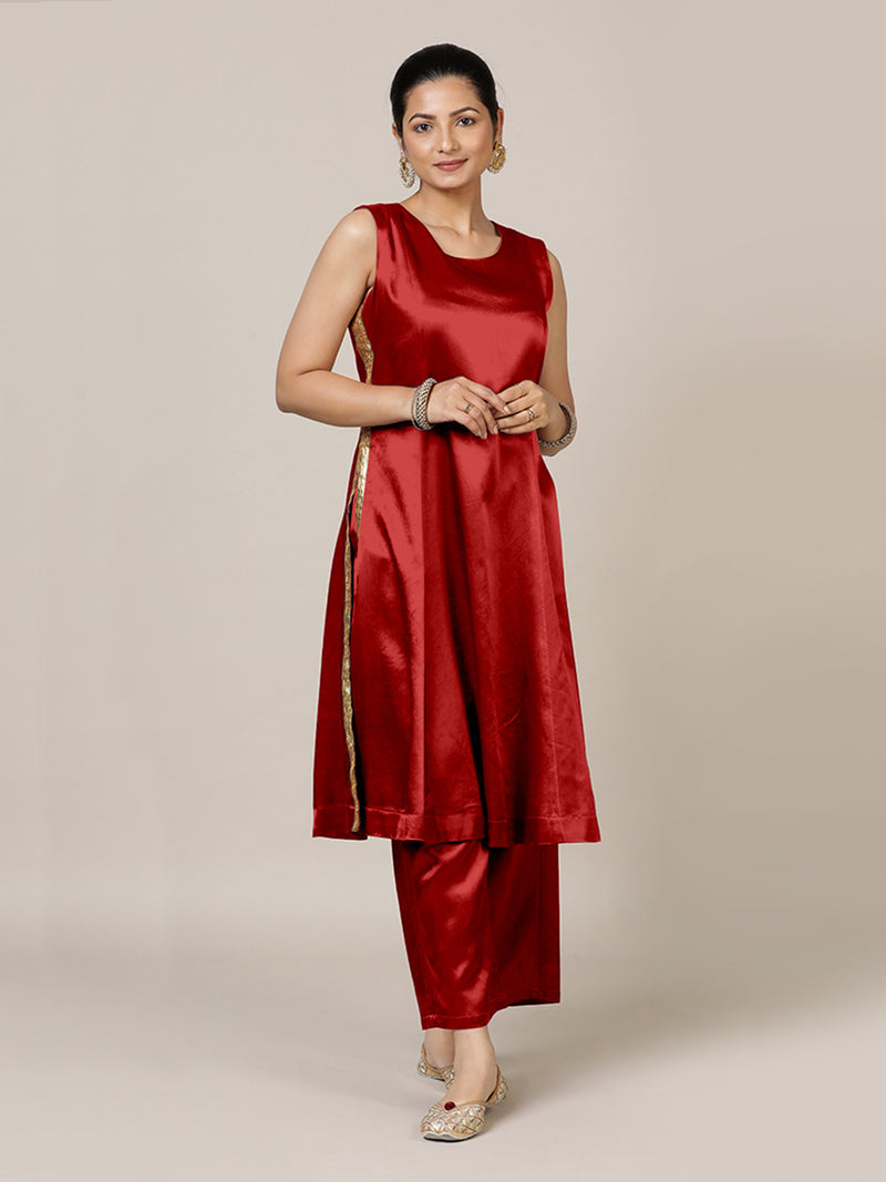 Gulnaaz x Tyohaar | Ruby Red Mashru Silk Panelled Kurta with Crushed Golden Gota Detailing | Coords or Only Kurta-Binks