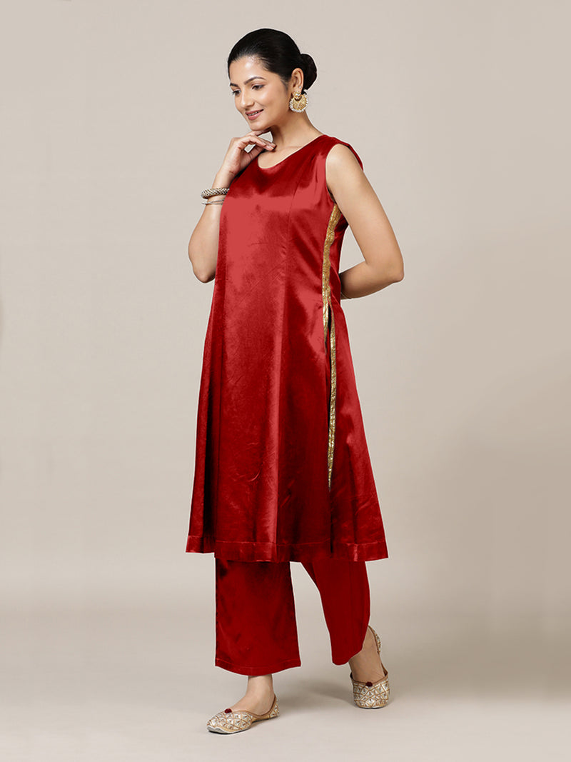 Gulnaaz x Tyohaar | Ruby Red Mashru Silk Panelled Kurta with Crushed Golden Gota Detailing | Coords or Only Kurta-Binks