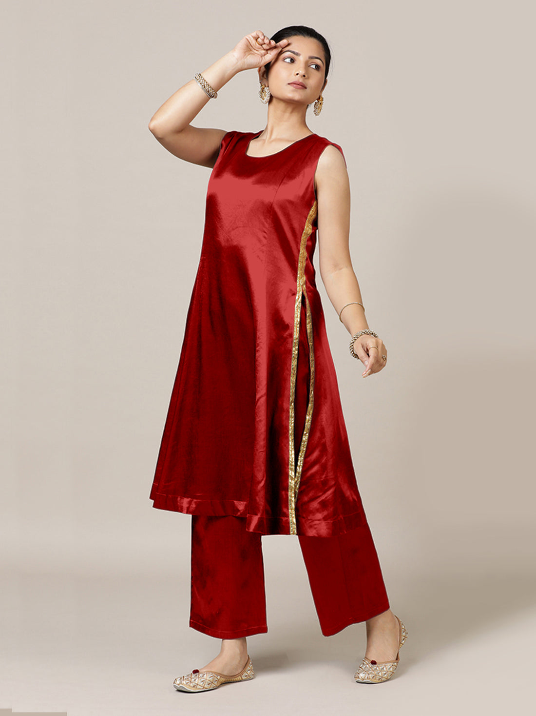 Gulnaaz x Tyohaar Kurta, in Red Vegan Silk, featuring sleeveless and round neckline, made for party & festive (view 8).