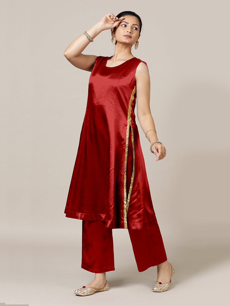 Gulnaaz x Tyohaar | Ruby Red Mashru Silk Panelled Kurta with Crushed Golden Gota Detailing | Coords or Only Kurta-Binks