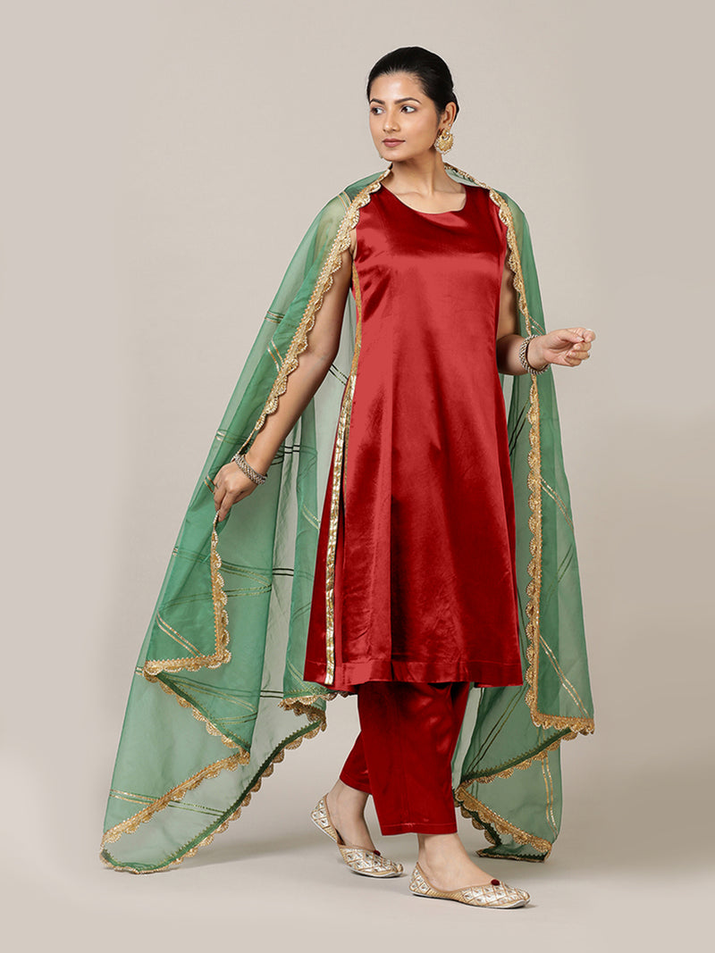 Gulnaaz x Tyohaar | Ruby Red Mashru Silk Panelled Kurta with Crushed Golden Gota Detailing | Coords or Only Kurta-Binks