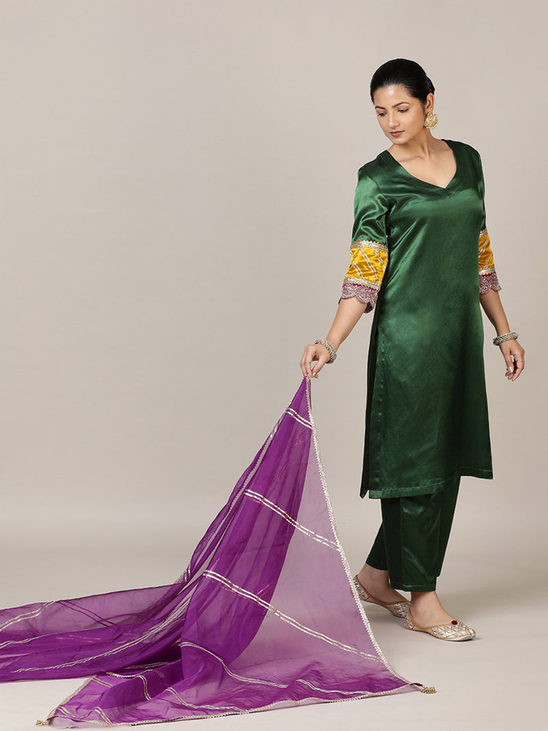 Kainaat x Tyohaar | Emerald Green Mashru Silk A-Line Kurta with Embroidered Sleeves | Coords or Only Kurta-Binks