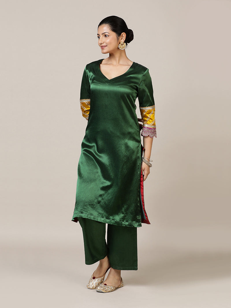 Kainaat x Tyohaar | Emerald Green Mashru Silk A-Line Kurta with Embroidered Sleeves | Coords or Only Kurta-Binks