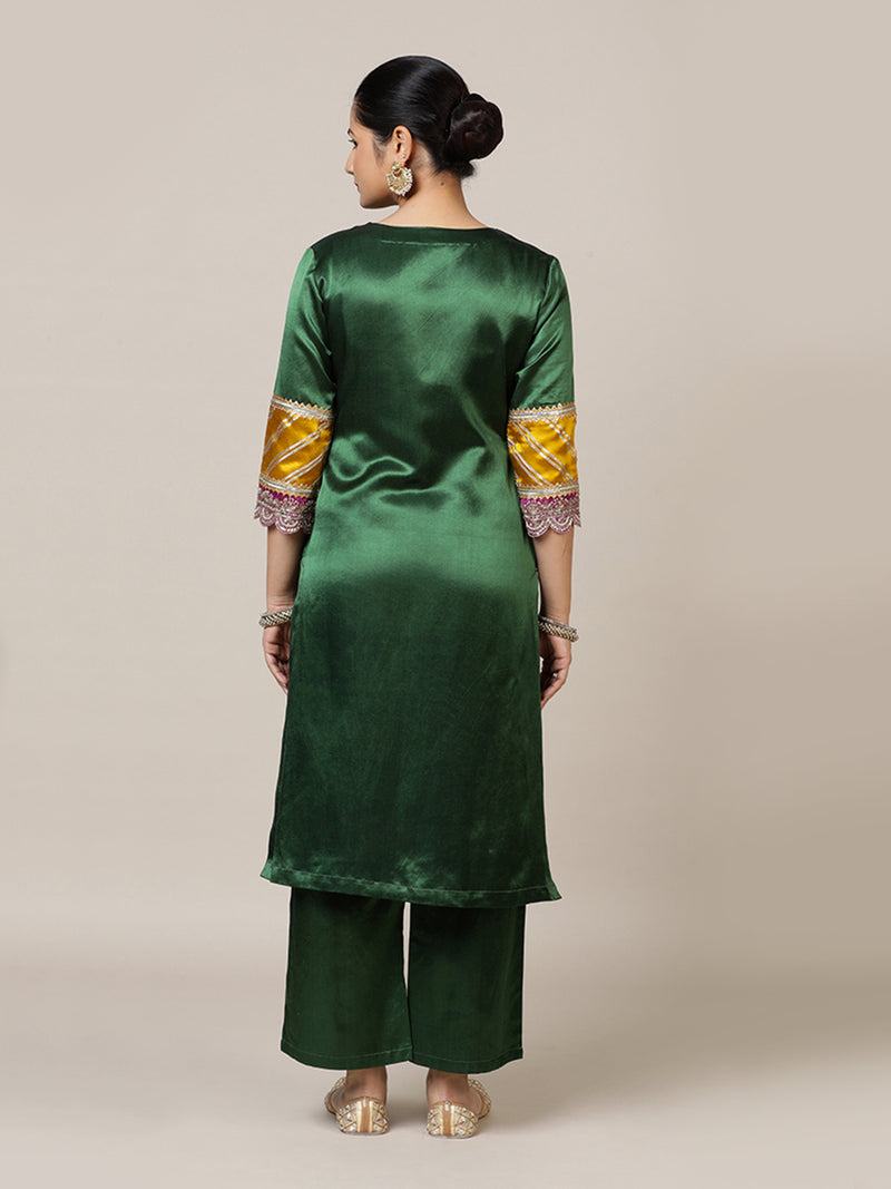 Kainaat x Tyohaar | Emerald Green Mashru Silk A-Line Kurta with Embroidered Sleeves | Coords or Only Kurta-Binks