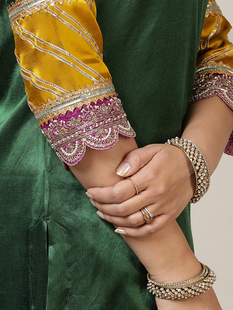 Kainaat x Tyohaar | Emerald Green Mashru Silk A-Line Kurta with Embroidered Sleeves | Coords or Only Kurta-Binks