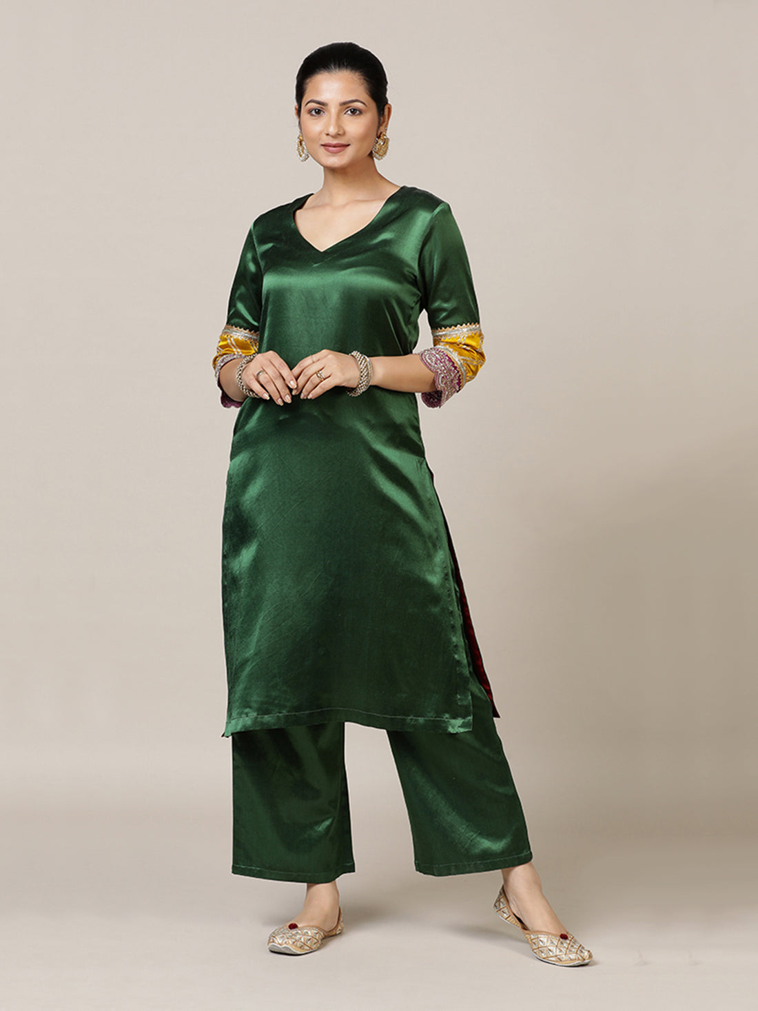 Kainaat x Tyohaar Kurta, in Green Vegan Silk, featuring three quarter sleeves and curved v-neckline (view 5).