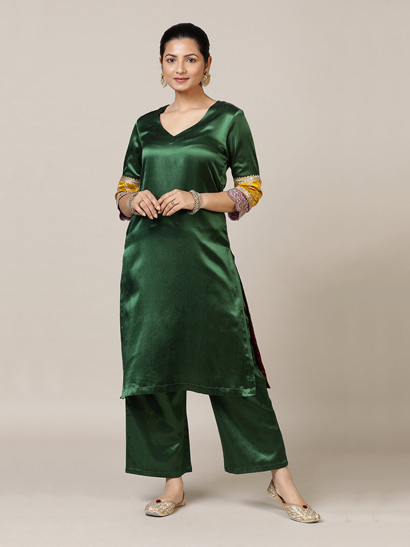 Kainaat x Tyohaar | Emerald Green Mashru Silk A-Line Kurta with Embroidered Sleeves | Coords or Only Kurta-Binks