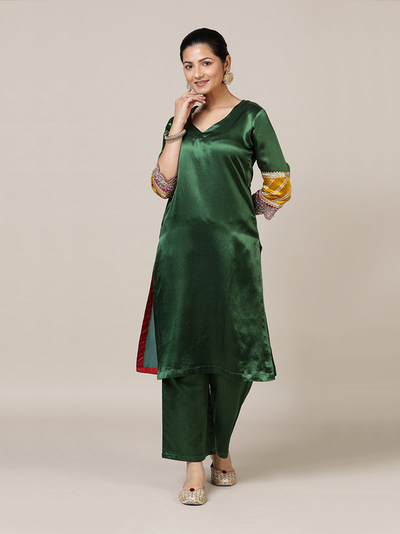 Kainaat x Tyohaar | Emerald Green Mashru Silk A-Line Kurta with Embroidered Sleeves | Coords or Only Kurta-Binks