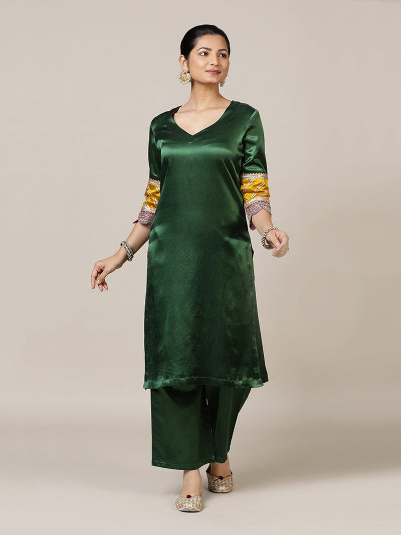 Kainaat x Tyohaar | Emerald Green Mashru Silk A-Line Kurta with Embroidered Sleeves | Coords or Only Kurta-Binks