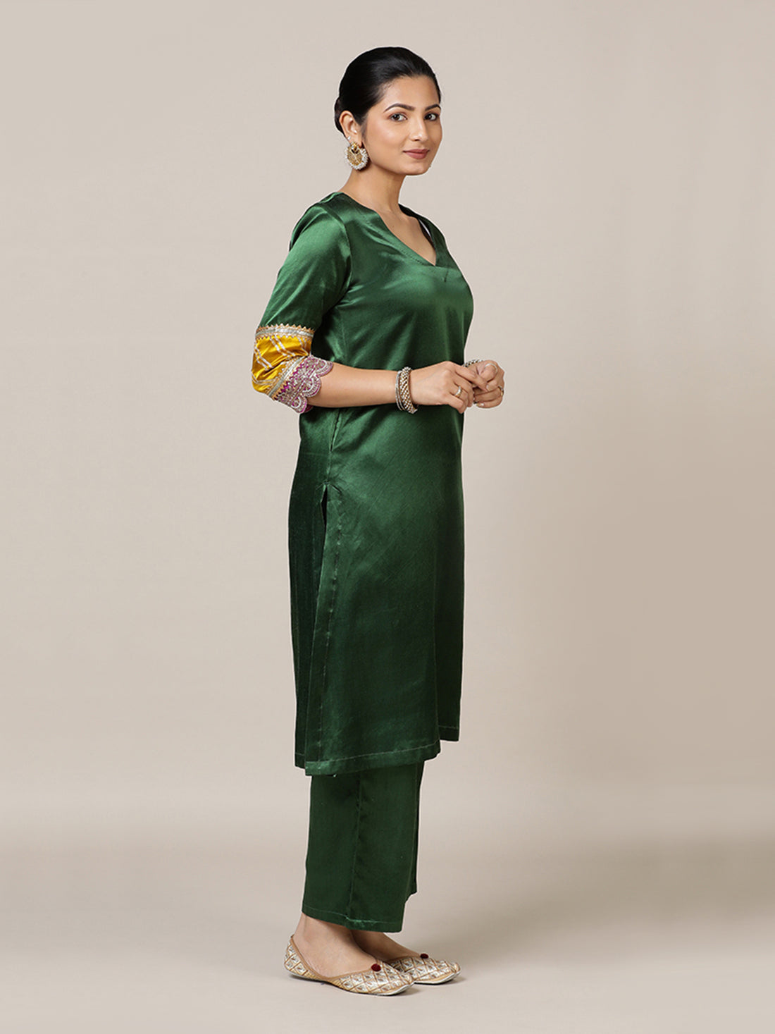 Kainaat x Tyohaar Kurta, in Green Vegan Silk, featuring three quarter sleeves and curved v-neckline (view 8).
