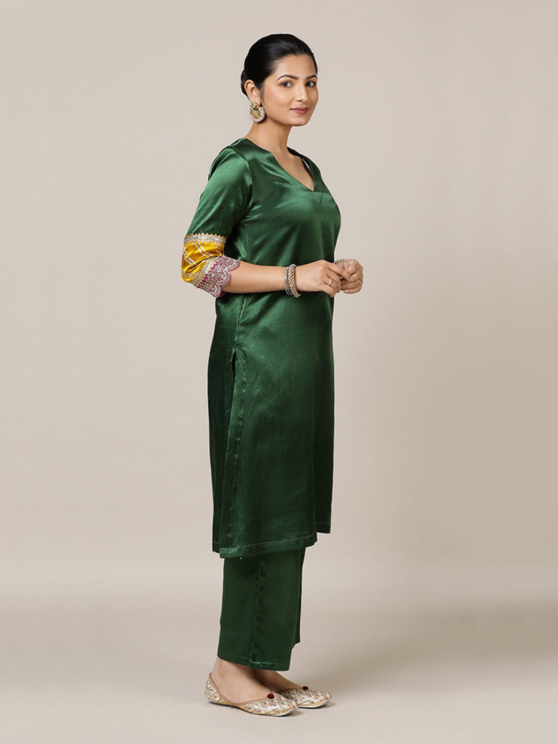 Kainaat x Tyohaar | Emerald Green Mashru Silk A-Line Kurta with Embroidered Sleeves | Coords or Only Kurta-Binks
