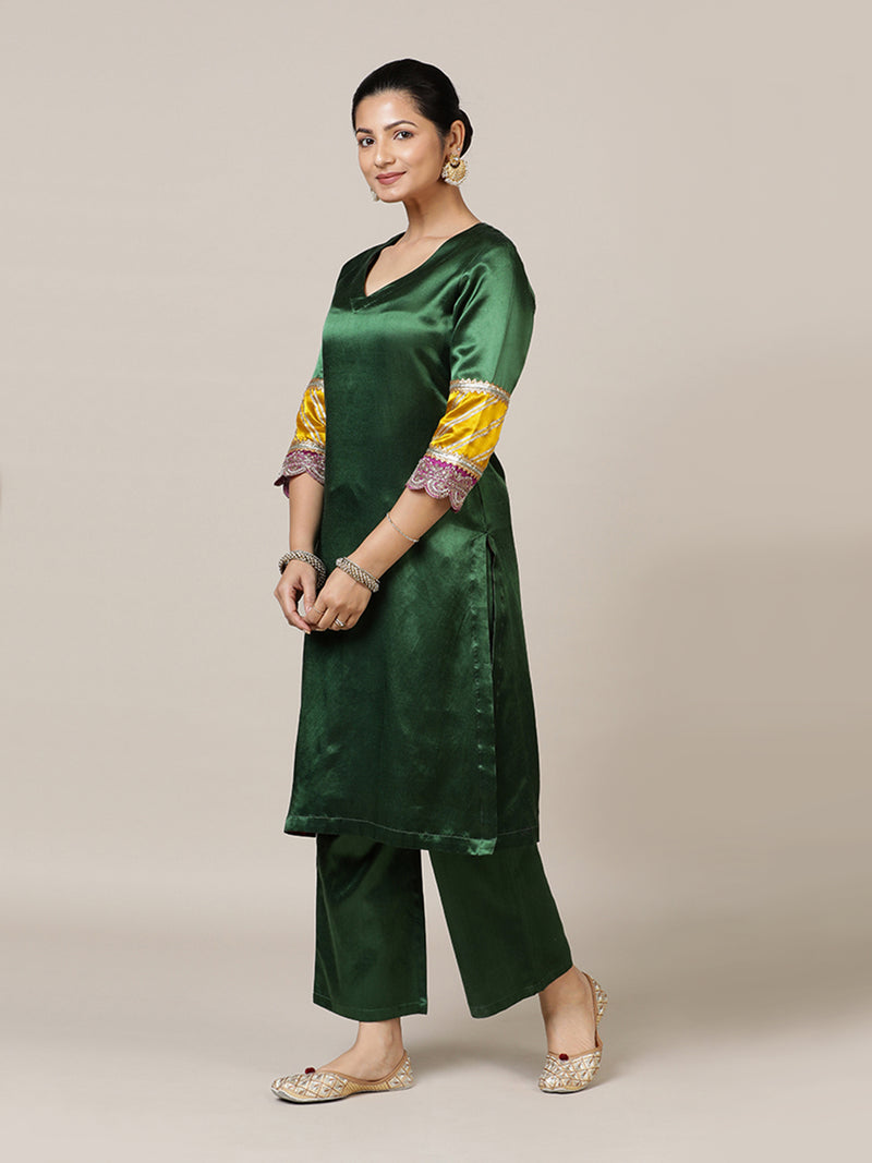Kainaat x Tyohaar | Emerald Green Mashru Silk A-Line Kurta with Embroidered Sleeves | Coords or Only Kurta-Binks