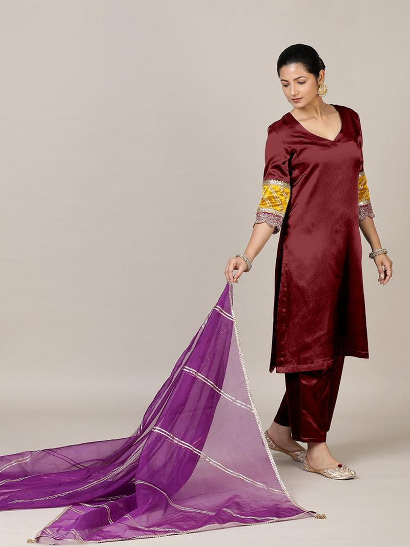 Kainaat x Tyohaar | Garnet Wine Mashru Silk A-Line Kurta with Embroidered Sleeves | Coords or Only Kurta-Binks