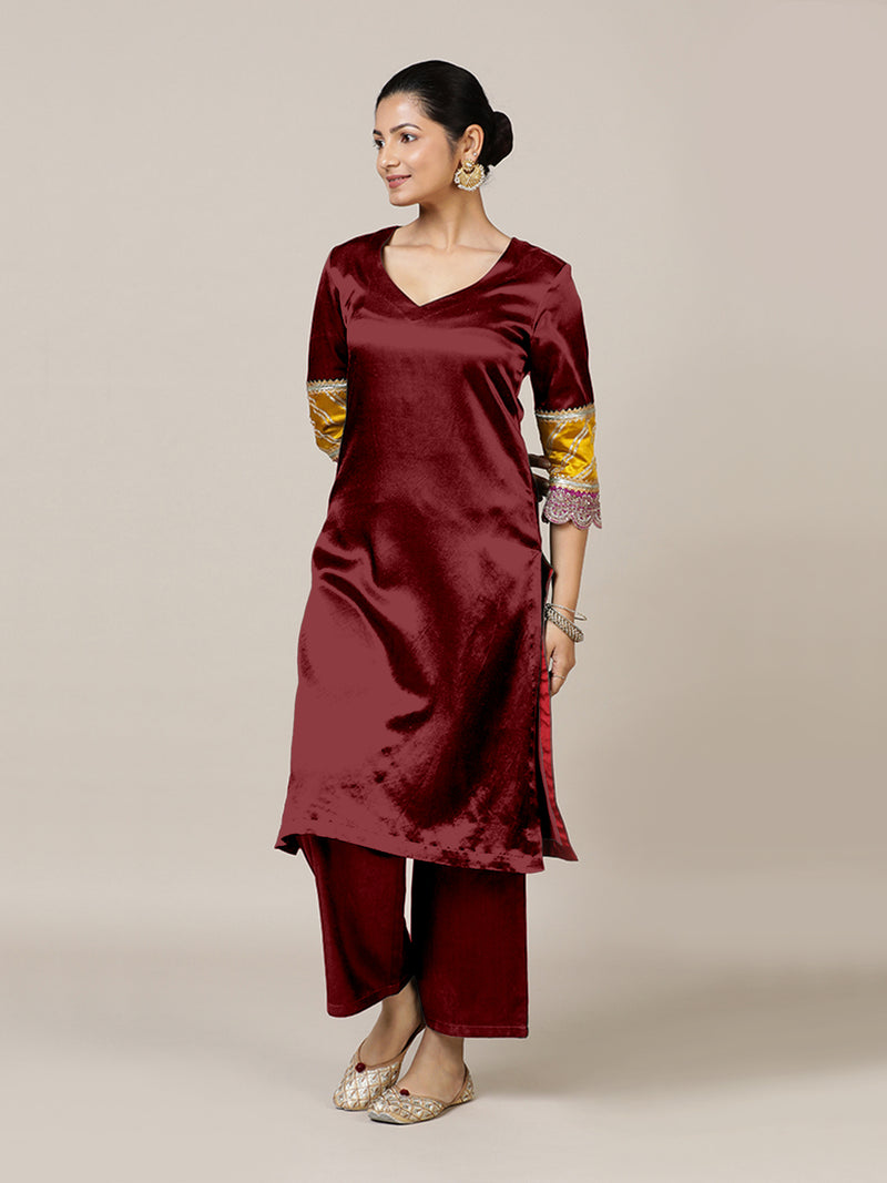 Kainaat x Tyohaar | Garnet Wine Mashru Silk A-Line Kurta with Embroidered Sleeves | Coords or Only Kurta-Binks