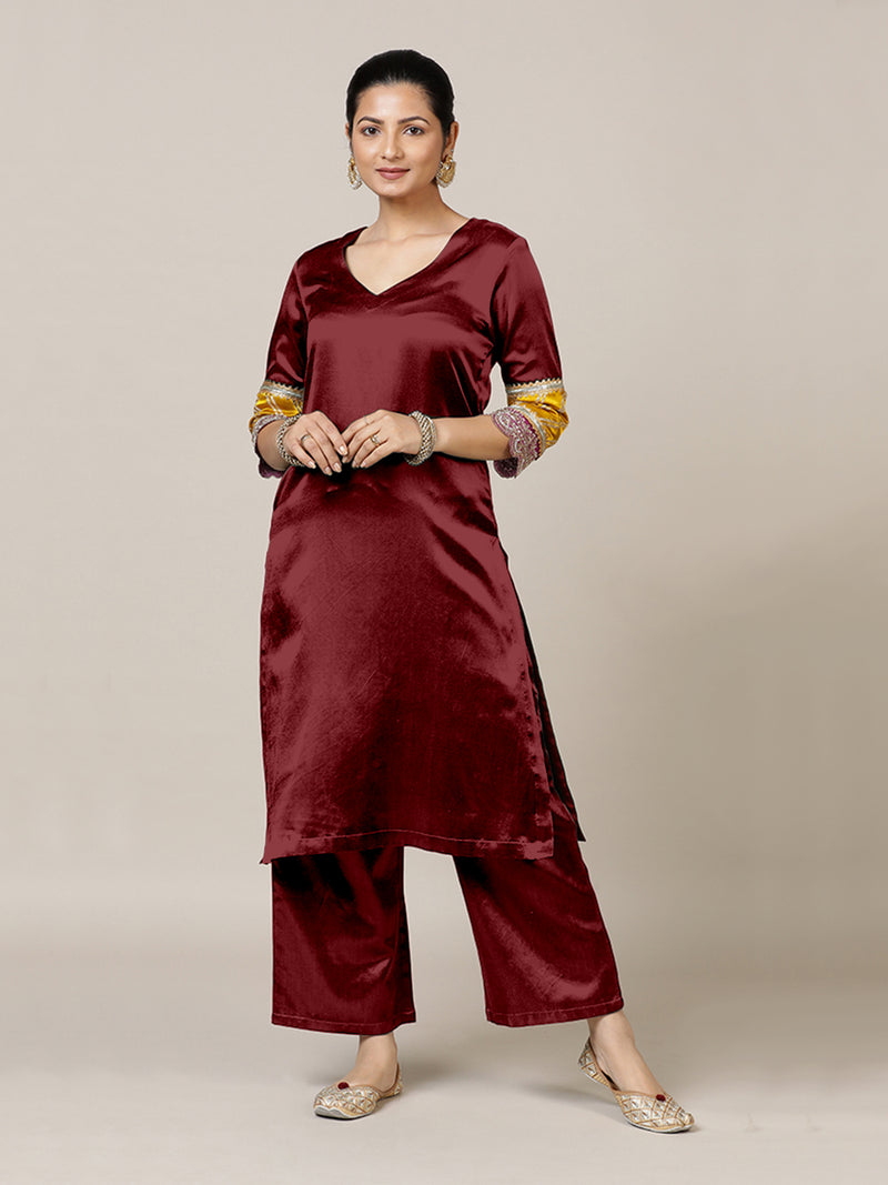 Kainaat x Tyohaar | Garnet Wine Mashru Silk A-Line Kurta with Embroidered Sleeves | Coords or Only Kurta-Binks