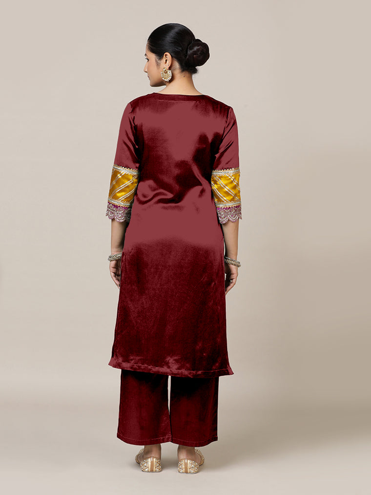 Kainaat x Tyohaar Kurta, in Red Vegan Silk, featuring three quarter sleeves and curved v-neckline, made for party & festive.