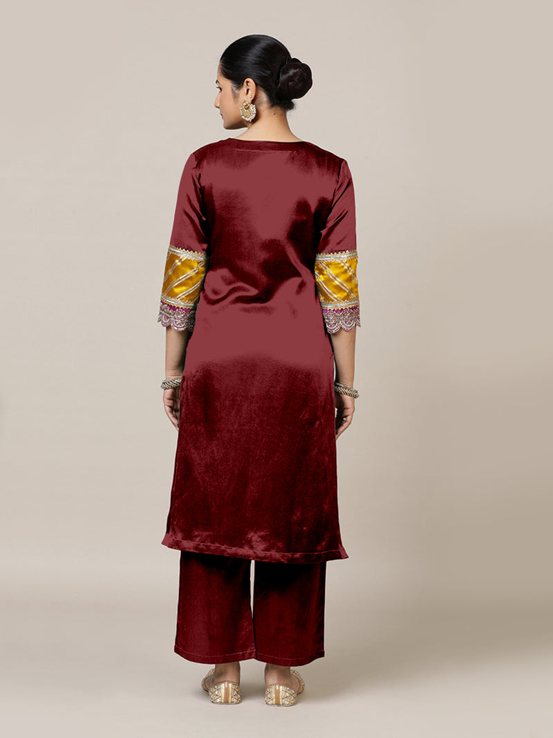 Kainaat x Tyohaar | Garnet Wine Mashru Silk A-Line Kurta with Embroidered Sleeves | Coords or Only Kurta-Binks
