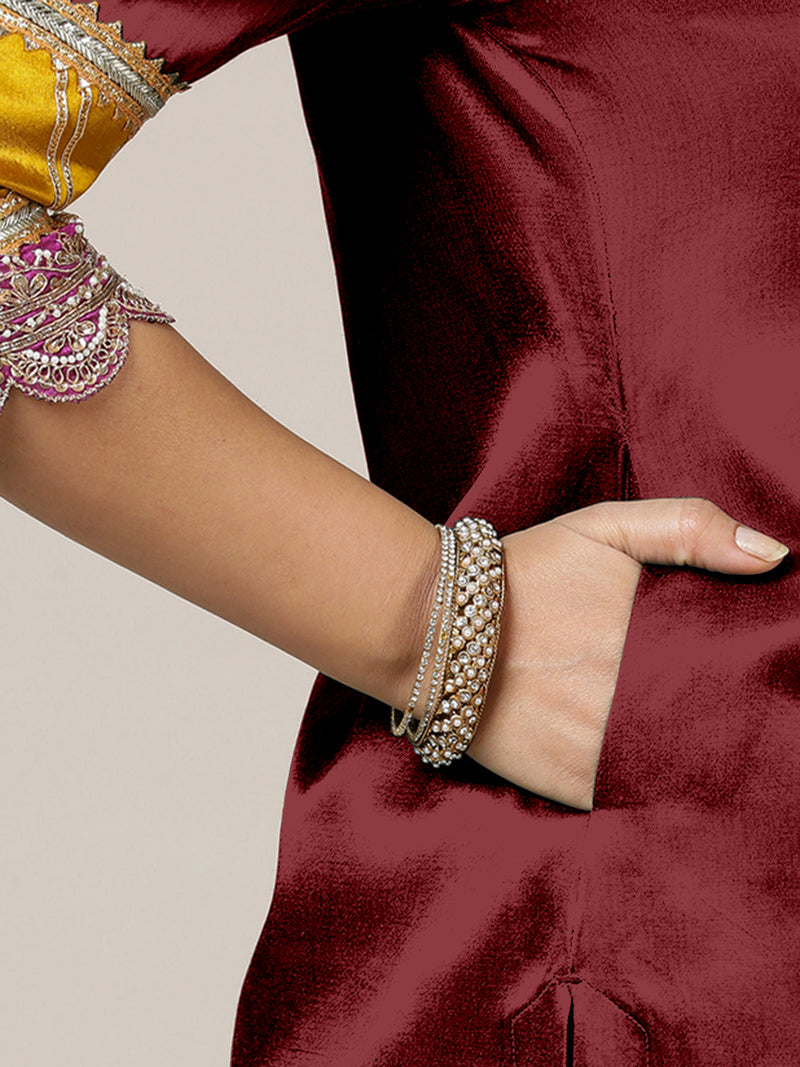 Kainaat x Tyohaar | Garnet Wine Mashru Silk A-Line Kurta with Embroidered Sleeves | Coords or Only Kurta-Binks