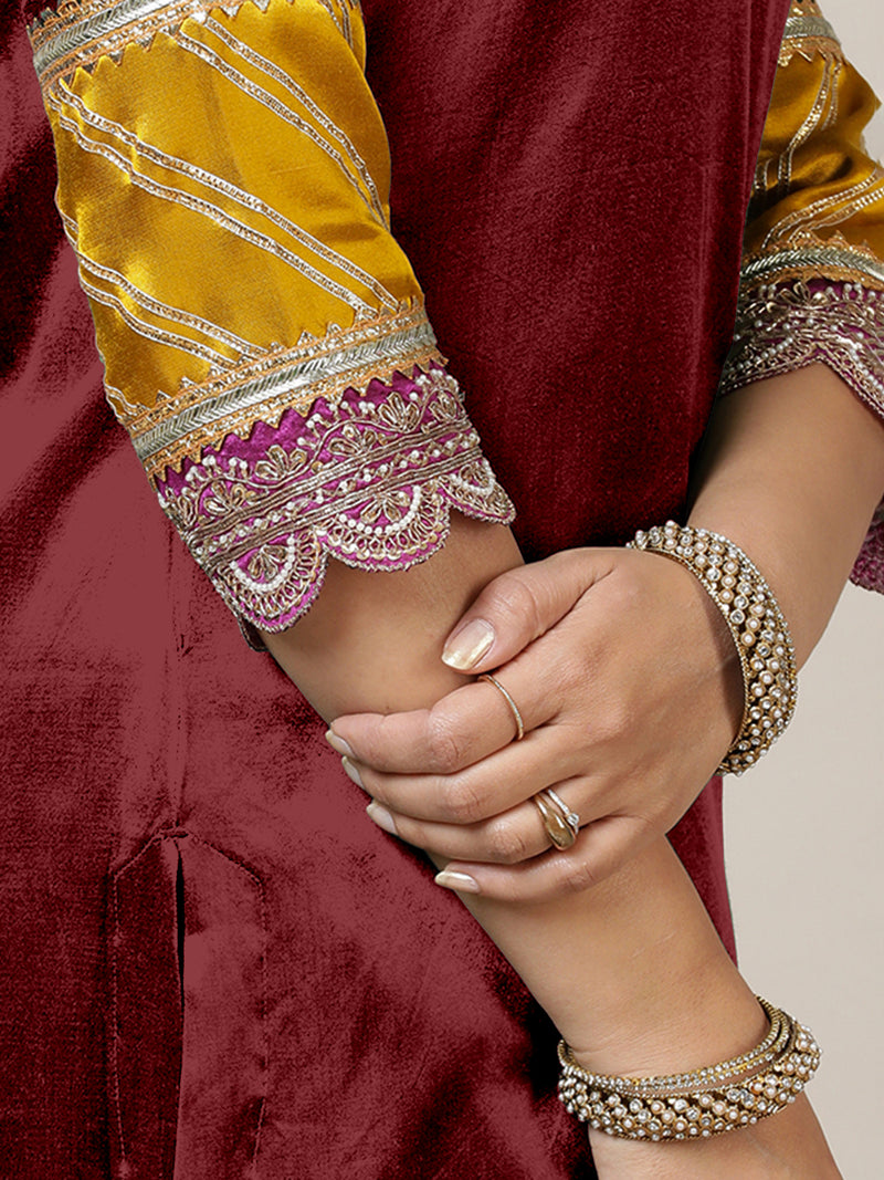 Kainaat x Tyohaar | Garnet Wine Mashru Silk A-Line Kurta with Embroidered Sleeves | Coords or Only Kurta-Binks