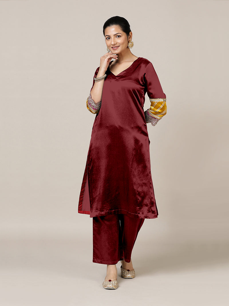 Kainaat x Tyohaar | Garnet Wine Mashru Silk A-Line Kurta with Embroidered Sleeves | Coords or Only Kurta-Binks