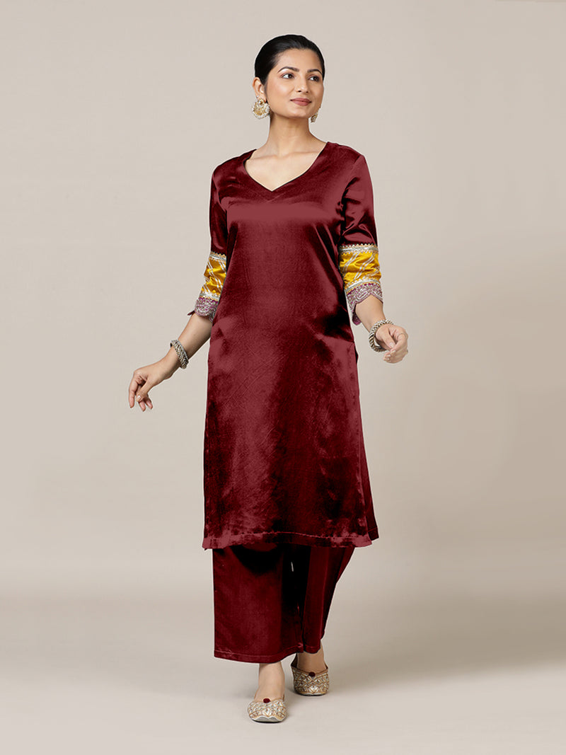 Kainaat x Tyohaar | Garnet Wine Mashru Silk A-Line Kurta with Embroidered Sleeves | Coords or Only Kurta-Binks