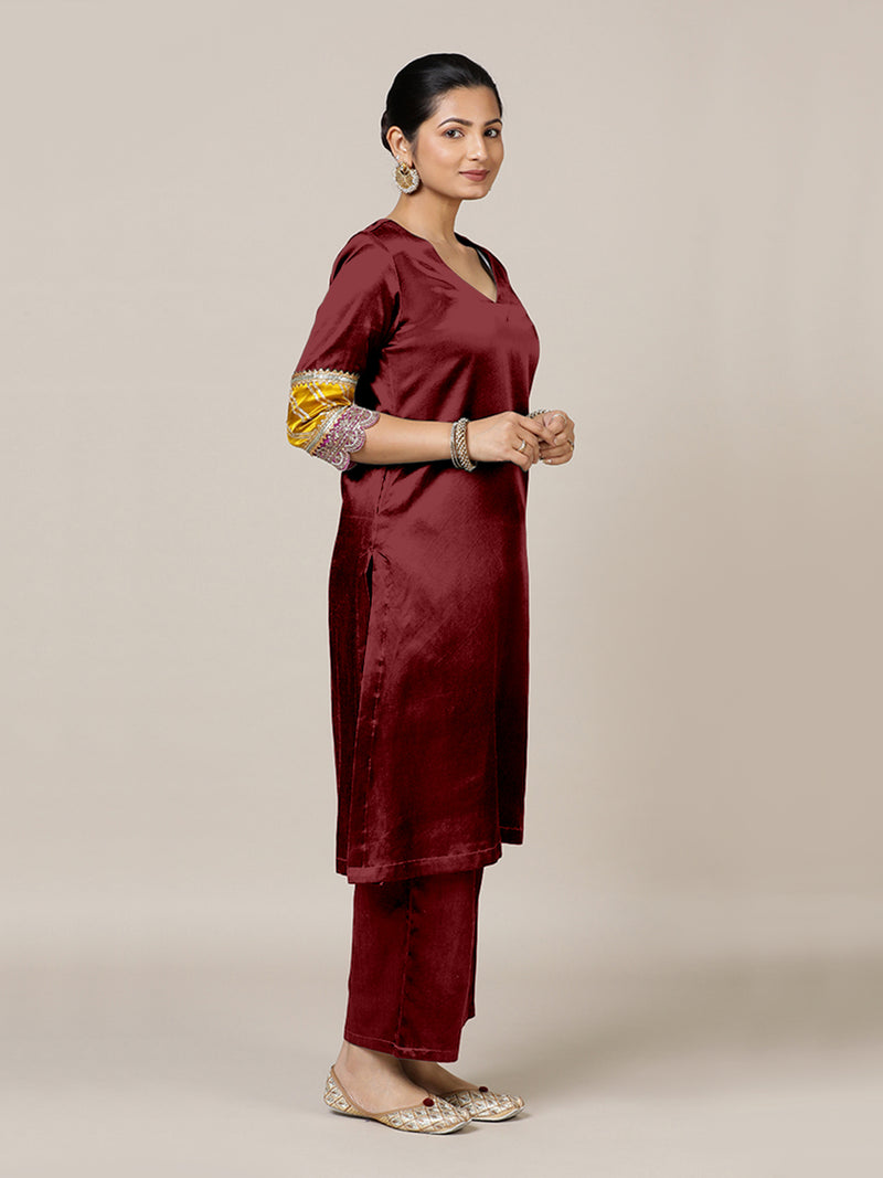 Kainaat x Tyohaar | Garnet Wine Mashru Silk A-Line Kurta with Embroidered Sleeves | Coords or Only Kurta-Binks
