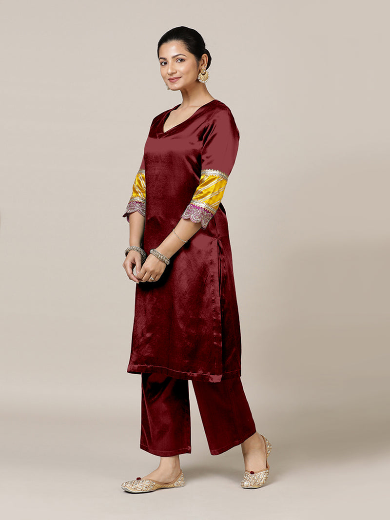 Kainaat x Tyohaar | Garnet Wine Mashru Silk A-Line Kurta with Embroidered Sleeves | Coords or Only Kurta-Binks