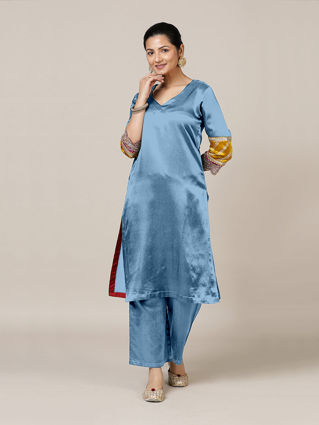 Kainaat x Tyohaar Kurta, in Blue Vegan Silk, featuring three quarter sleeves and curved v-neckline, made for party & festive.