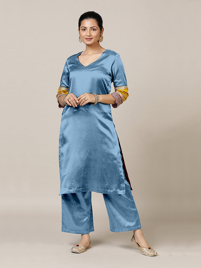 Kainaat x Tyohaar | Ice Blue Mashru Silk A-Line Kurta with Embroidered Sleeves | Coords or Only Kurta-Binks