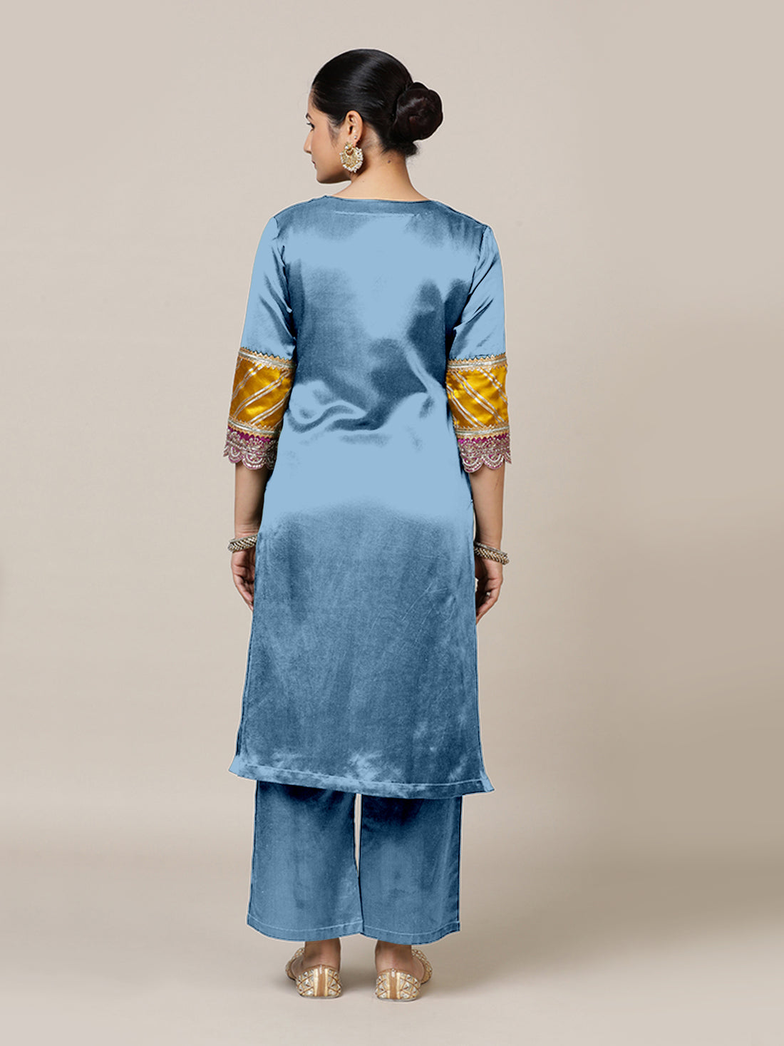 Kainaat x Tyohaar Kurta, in Blue Vegan Silk, featuring three quarter sleeves and curved v-neckline, made for party & festive.