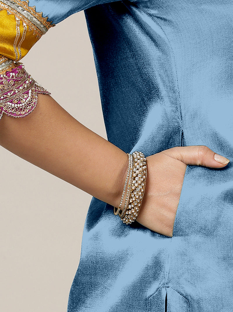 Kainaat x Tyohaar | Ice Blue Mashru Silk A-Line Kurta with Embroidered Sleeves | Coords or Only Kurta-Binks