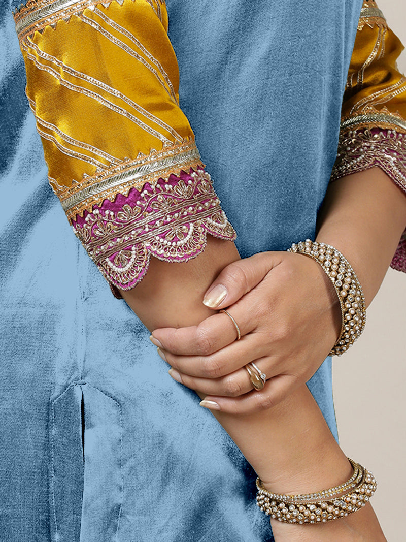 Kainaat x Tyohaar | Ice Blue Mashru Silk A-Line Kurta with Embroidered Sleeves | Coords or Only Kurta-Binks