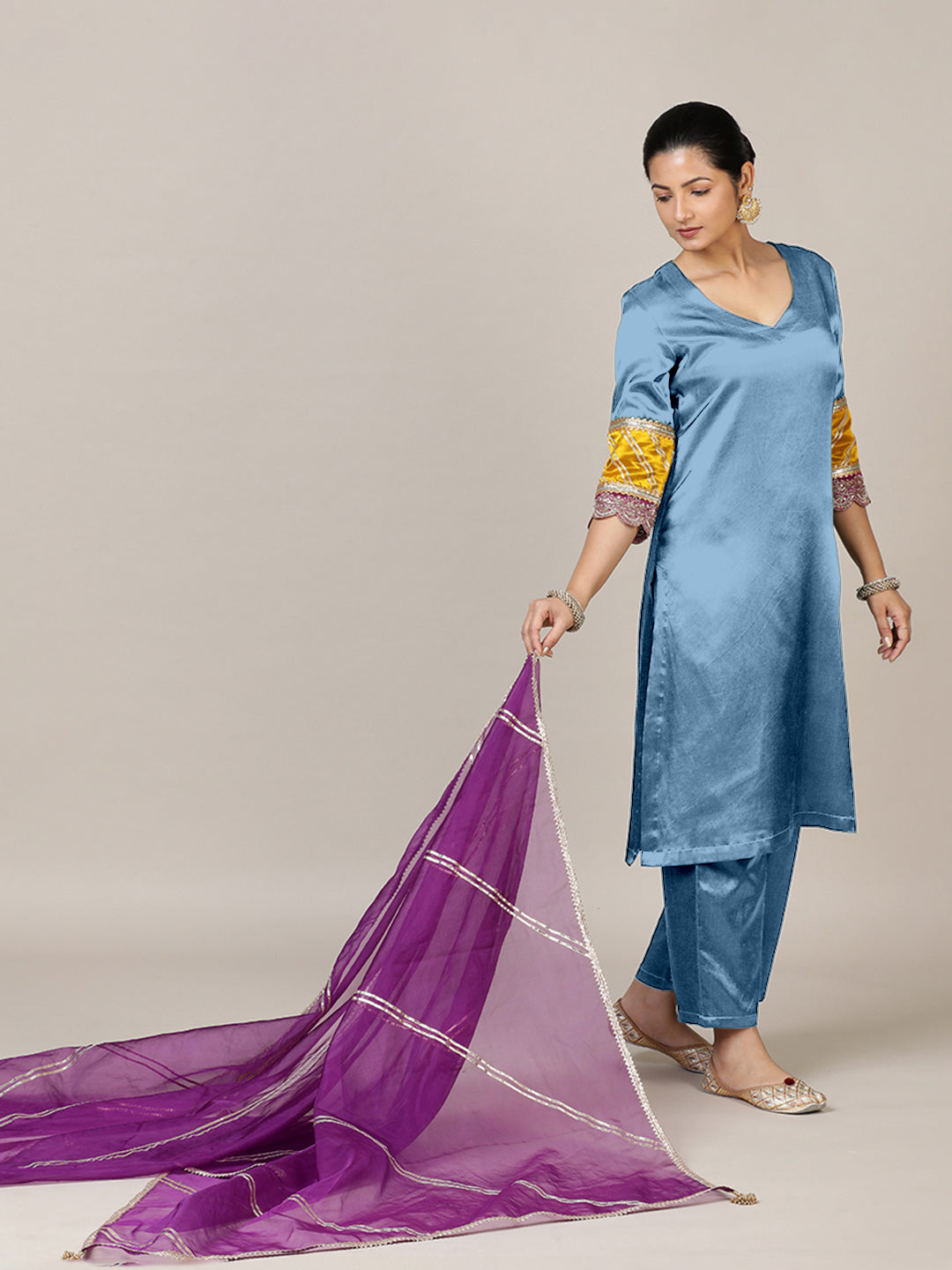 Kainaat x Tyohaar Kurta, in Blue Vegan Silk, featuring three quarter sleeves and curved v-neckline, made for party & festive.