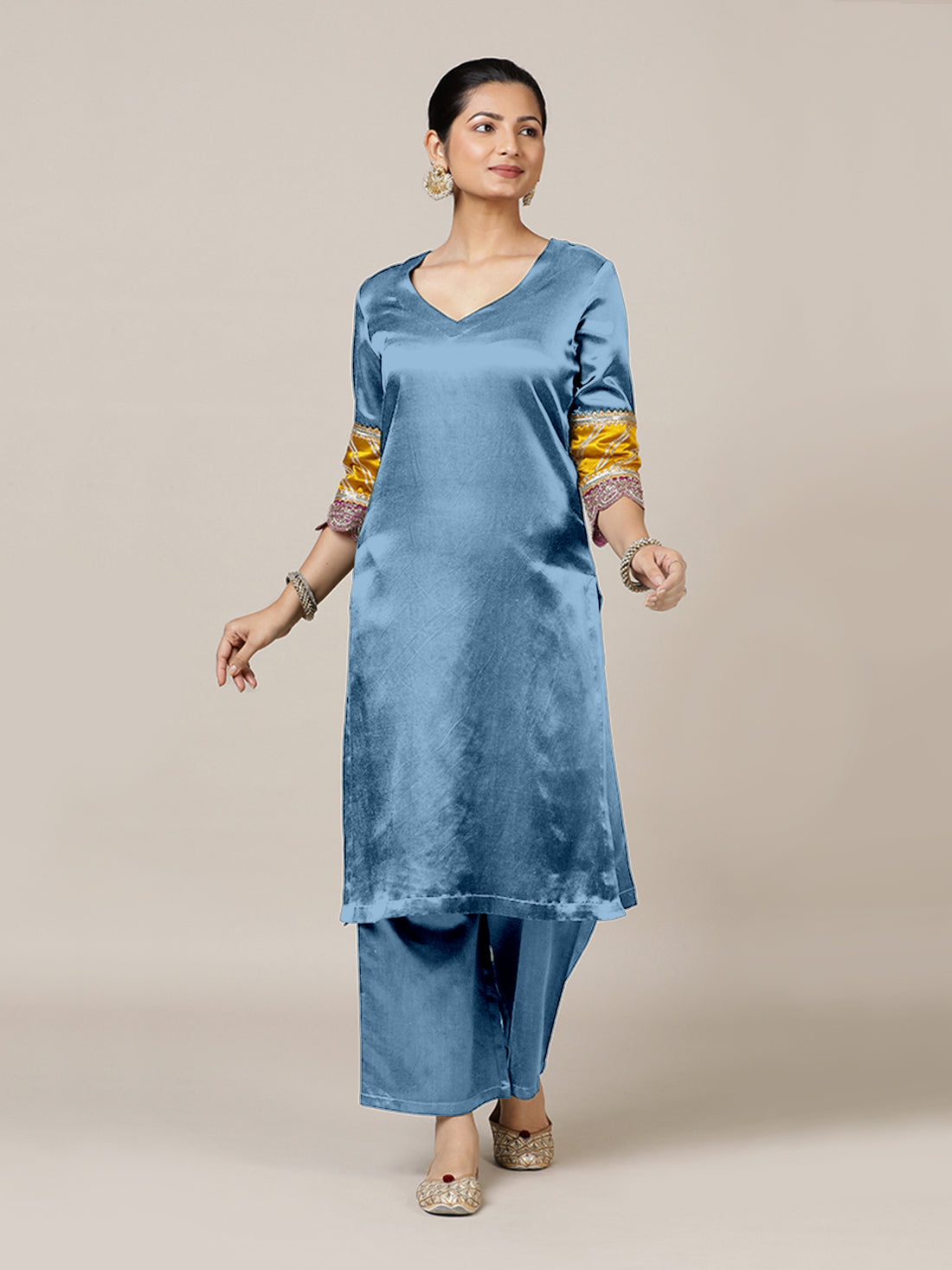 Kainaat x Tyohaar Kurta, in Blue Vegan Silk, featuring three quarter sleeves and curved v-neckline, made for party & festive.