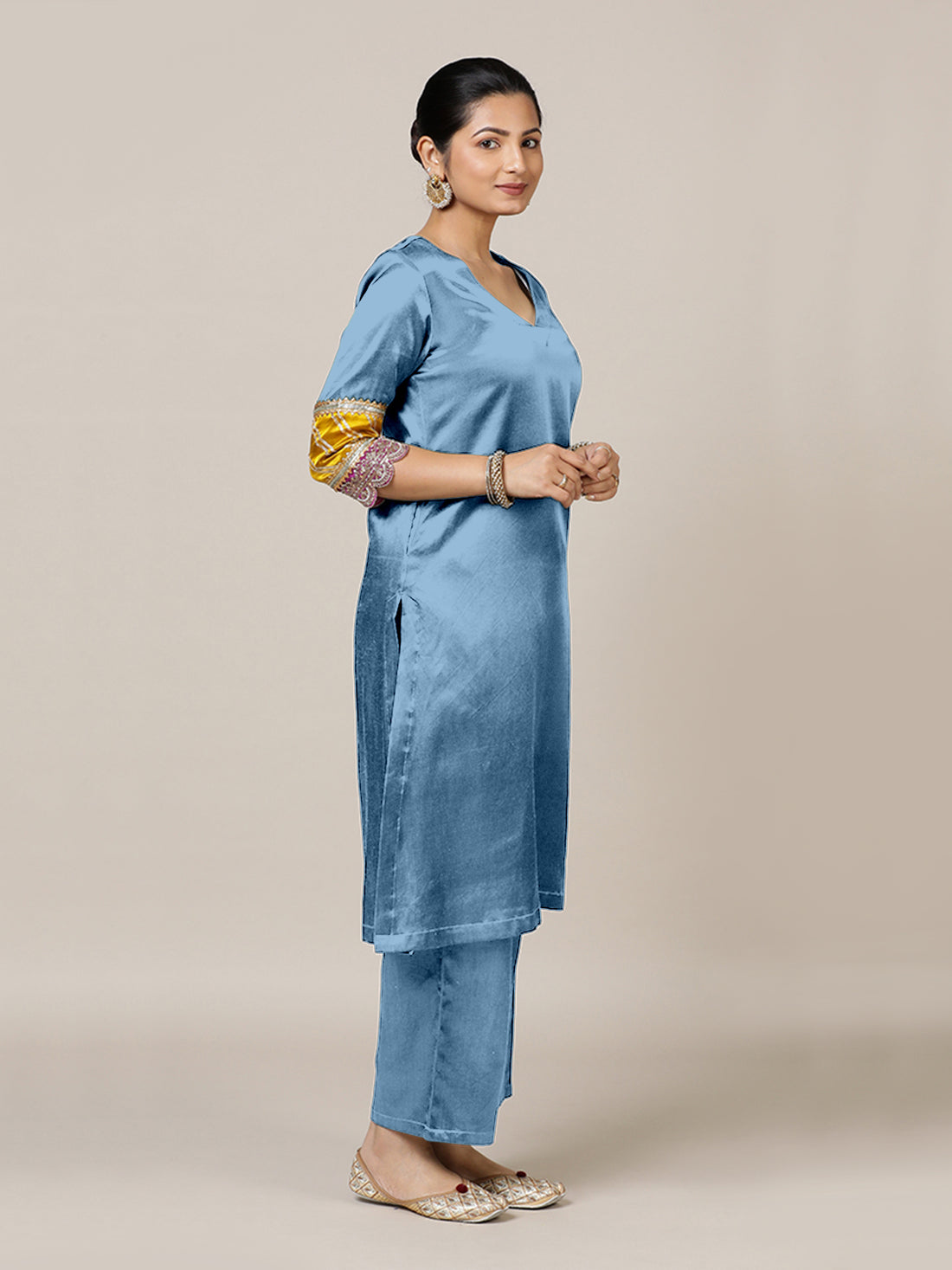 Kainaat x Tyohaar Kurta, in Blue Vegan Silk, featuring three quarter sleeves and curved v-neckline, made for party & festive.