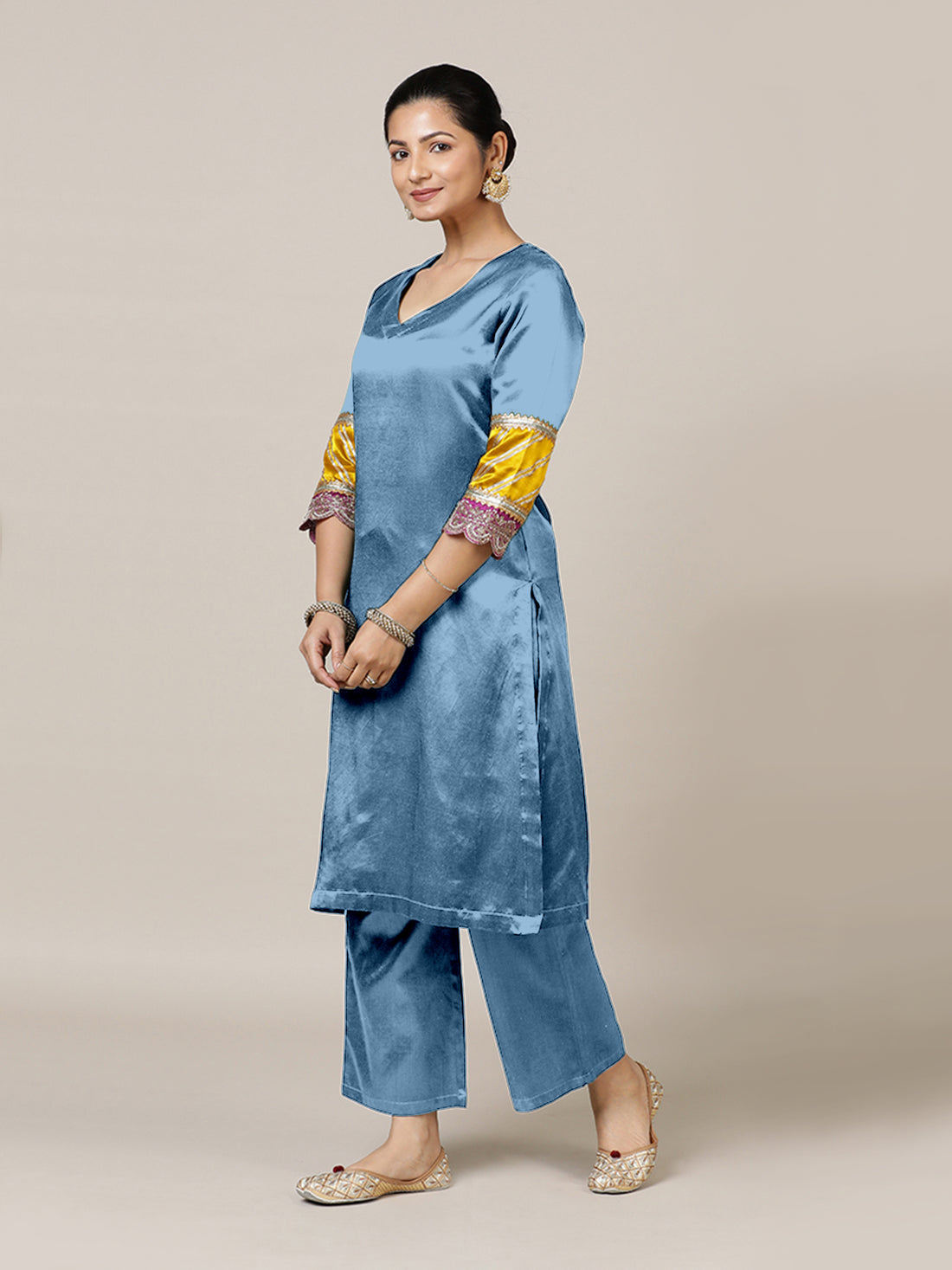 Kainaat x Tyohaar Kurta, in Blue Vegan Silk, featuring three quarter sleeves and curved v-neckline, made for party & festive.
