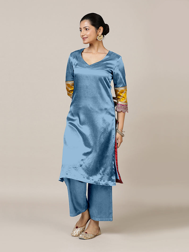 Kainaat x Tyohaar | Ice Blue Mashru Silk A-Line Kurta with Embroidered Sleeves | Coords or Only Kurta-Binks