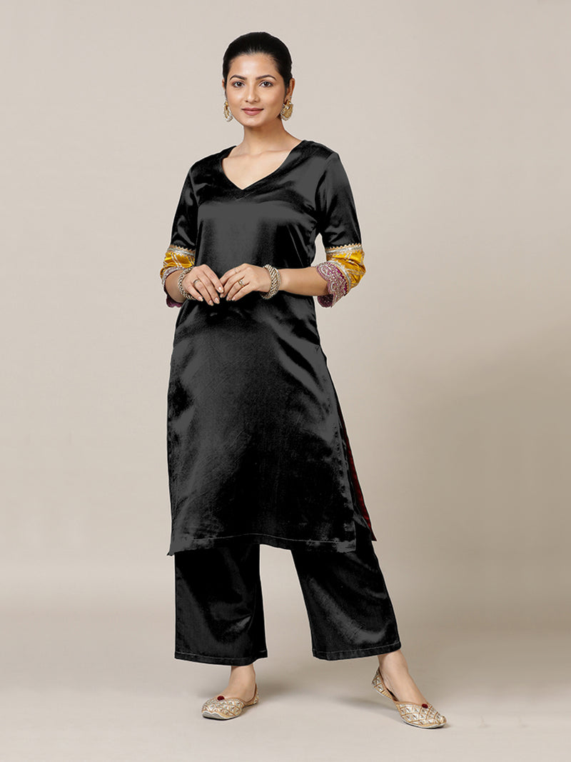 Kainaat x Tyohaar | Ink Black Mashru Silk A-Line Kurta with Embroidered Sleeves | Coords or Only Kurta-Binks