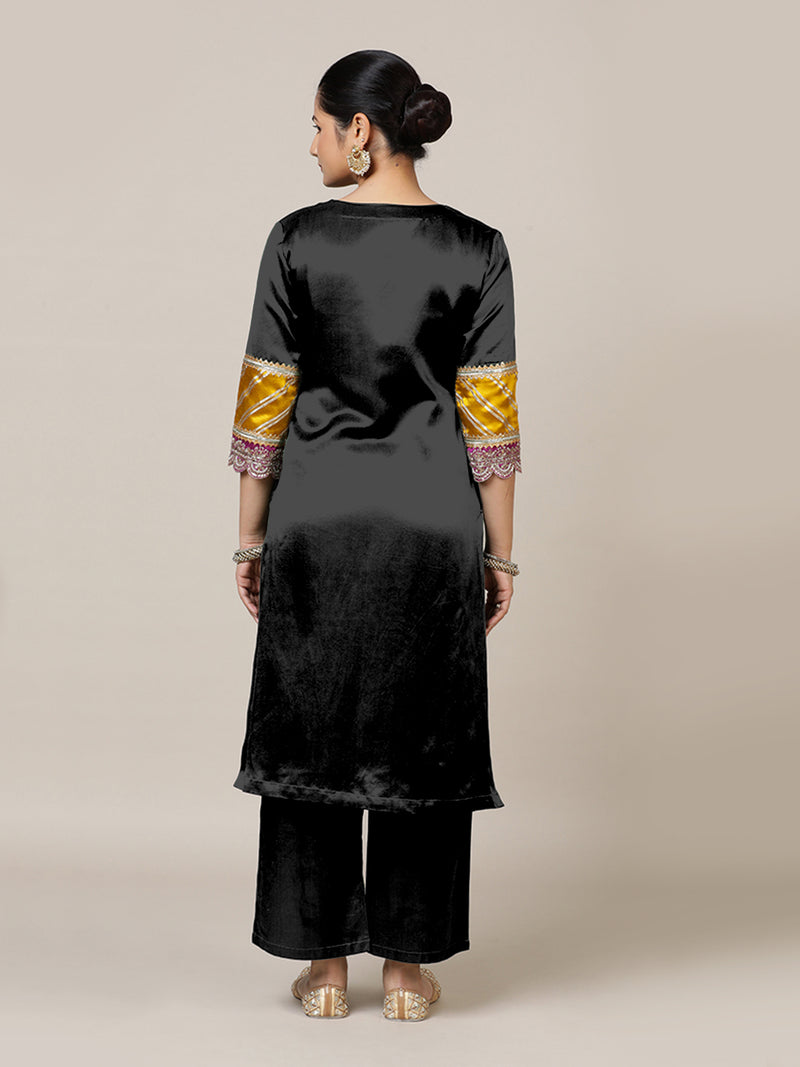 Kainaat x Tyohaar | Ink Black Mashru Silk A-Line Kurta with Embroidered Sleeves | Coords or Only Kurta-Binks