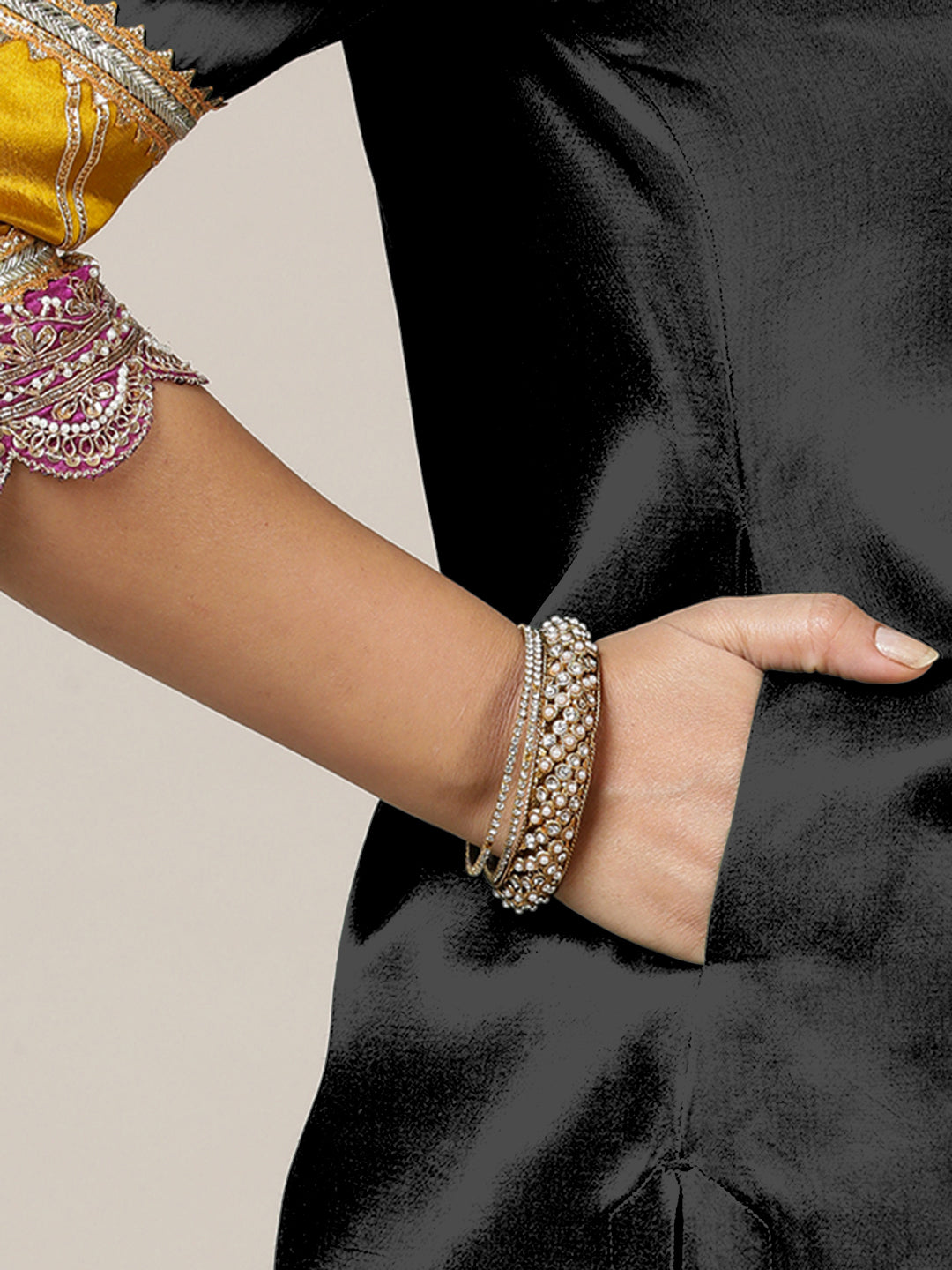 Kainaat x Tyohaar Kurta, in Black Vegan Silk, featuring three quarter sleeves and curved v-neckline (view 3).