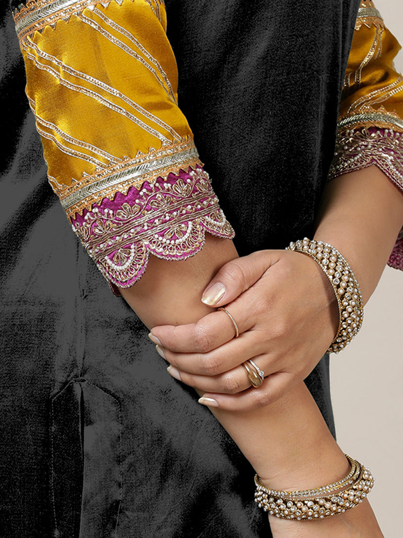 Kainaat x Tyohaar | Ink Black Mashru Silk A-Line Kurta with Embroidered Sleeves | Coords or Only Kurta-Binks